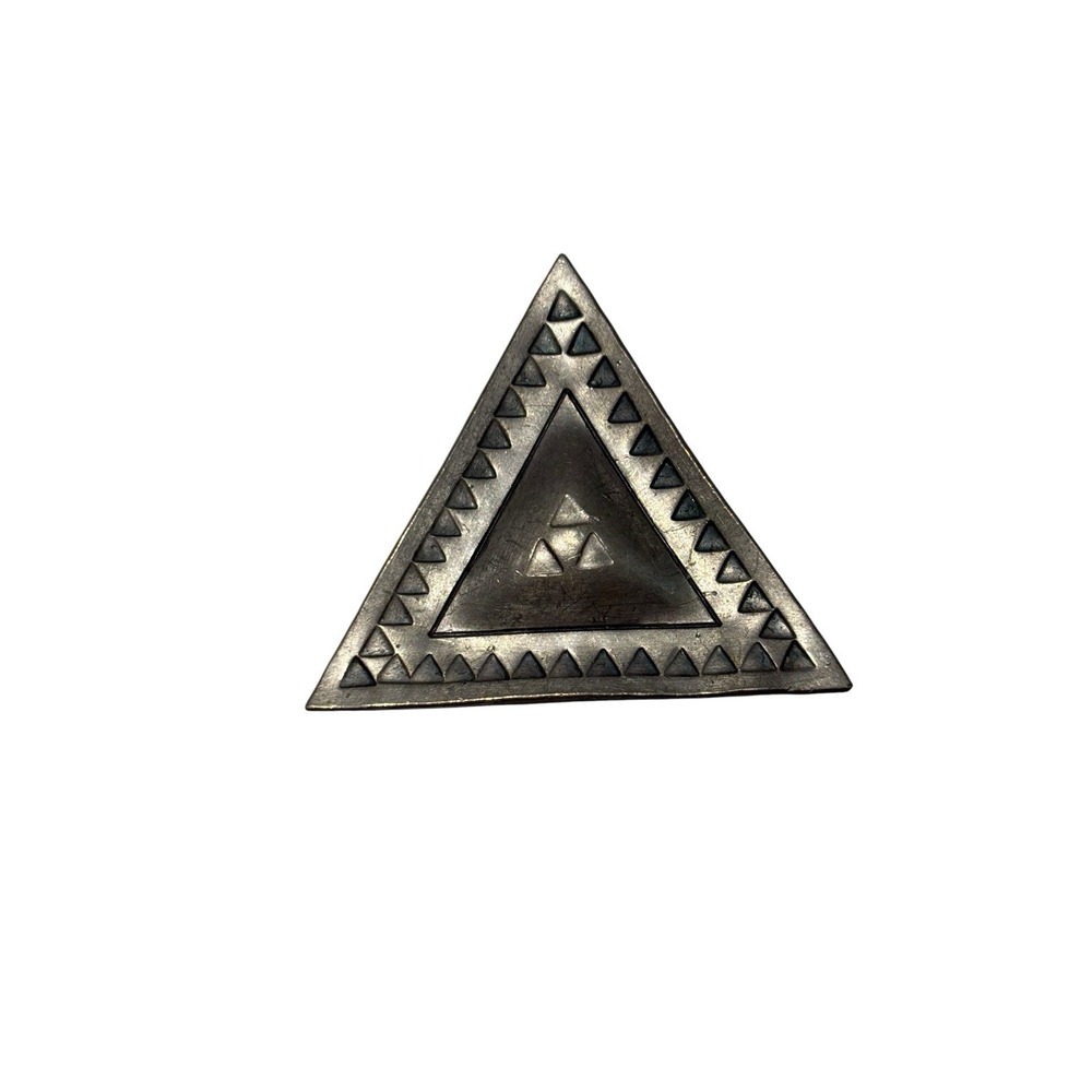 Vintage REX Handmade Norway Silver Tone Geometric Etched Triangle Brooch Pin